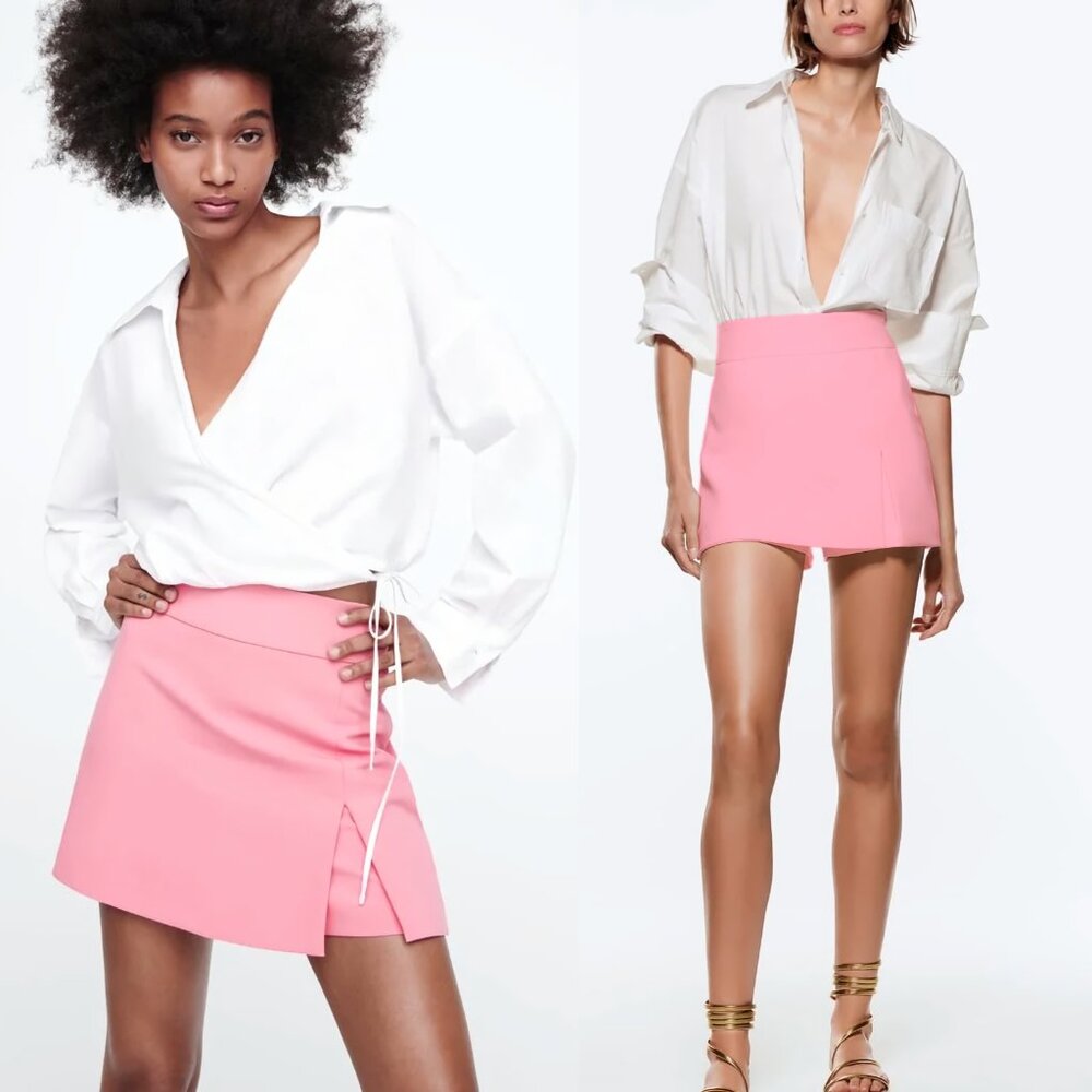 NEW Zara High-Waist Skort with Slit in Pink (Short Skirt), Size M
